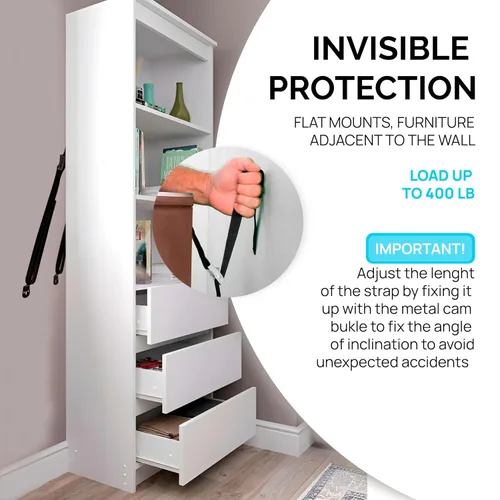 Vista 3 de Family Care Correas de seguridad para TV 4 paquetes+regalo - Correas de metal para muebles a prueba de bebés - Correas de TV de seguridad