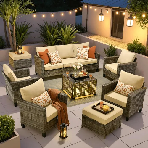 Vista 40 de ovios Juego de muebles de patio de 4 piezas con sofá de exterior, luces solares, mesa, cojines cómodos, sofá de conversación de mimbre de ratán