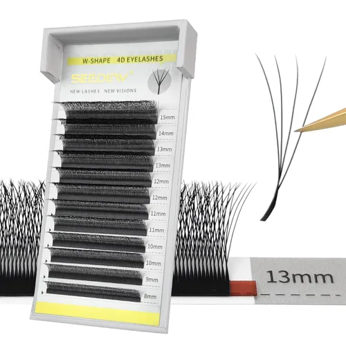 Vista 25 de Extensiones de pestañas 3D, rizo LU/M de 0.003 in, MIX8-0.591 in, 12 filas por bandeja, tallo plano en forma de W, injerto de pestañas natural PBT