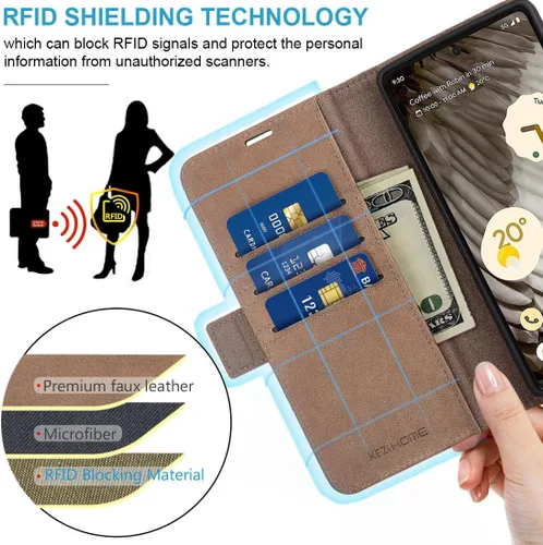 Vista 4 de KEZiHOME Funda para Google Pixel 8, piel auténtica [bloqueo RFID] Funda tipo cartera con tarjetero y función atril para Google Pixel 8 5G