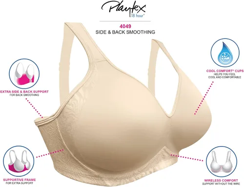 Vista 6 de Playtex womens 18 Hour Side & Back Smoothing Wireless Bra, Cool Comfort Wire-Free Bra, Single Or 2-Pack