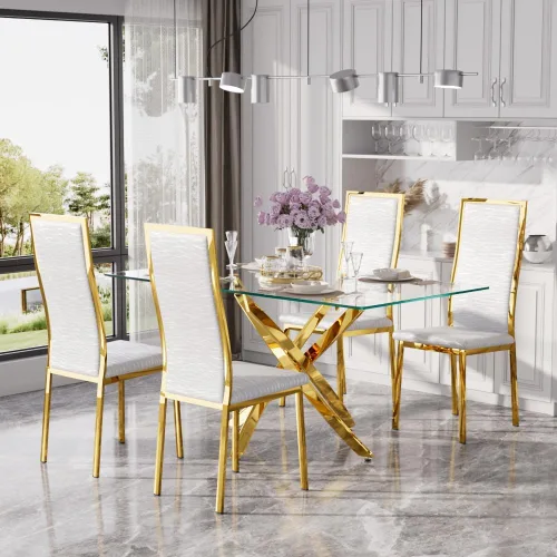 Vista 53 de Juego de mesa de comedor de cristal dorado moderno de 63 pulgadas para 6, juego de mesa de cocina rectangular de 7 piezas con patas de acero Negro