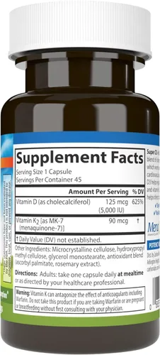 Vista 2 de Carlson - Super D3 + K2, 125 mcg (5000 UI) de vitamina D3, 90 mcg de vitamina K2 como MK-7, soporte óseo, absorción de calcio, 45 cápsulas