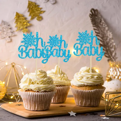 Vista 5 de Gyufise Paquete de 24 adornos de copos de nieve Oh Baby para cupcakes con purpurina azul Frozen Oh Baby Pick Decoraciones para baby shower
