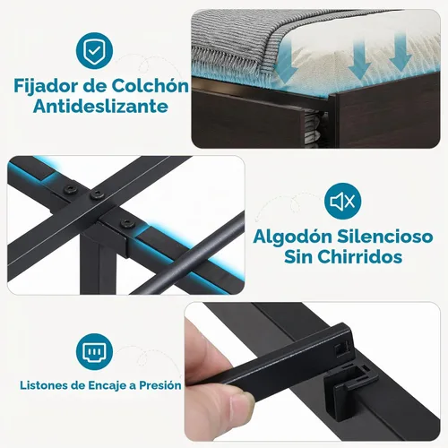 Vista 7 de Kiivakii Base de cama de tamaño matrimonial con cabecero, plataforma LED con 4 cajones de almacenamiento, estación de carga integrada, sin ruido