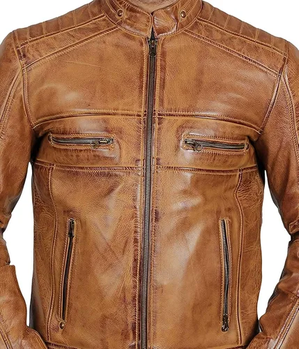 Vista 3 de Blingsoul Leather Jacket Men - Distressed Cafe Racer Leather Motorcycle Jacket Men