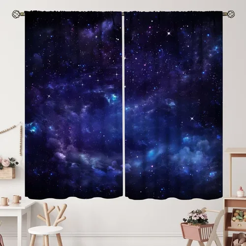 Vista 27 de Cortinas de planeta galaxia, espacio exterior, universo, nebulosa, estrellas, cielo estrellado, con bolsillo para cortinero, para sala de estar
