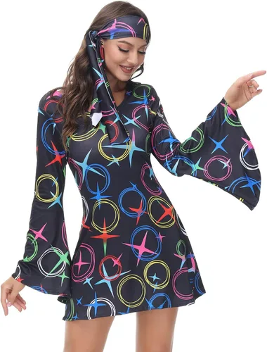 Vista 2 de Disfraz de discoteca para mujer, disfraz de discoteca de los años 70, vestido de Gogo, disfraces hippy para mujer
