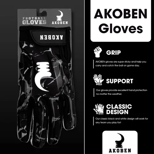 Vista 2 de AKOBEN Guantes de fútbol Guantes negros de fútbol Guantes de fútbol blancos Equipo de fútbol Guantes de fútbol para hombre Guantes