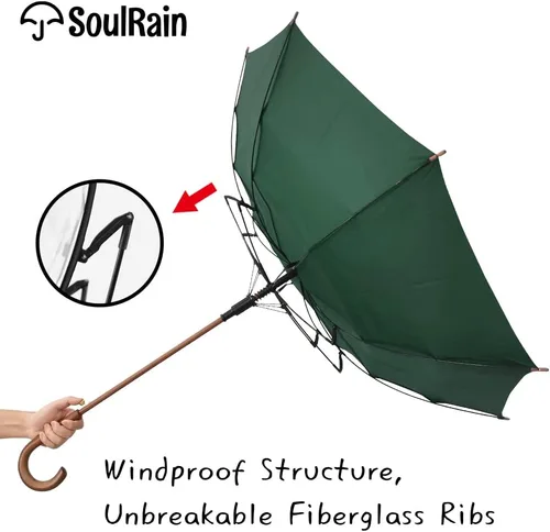 Vista 5 de SoulRain Paraguas de arco clásico con mango de madera de 48 pulgadas, apertura automática, resistente al viento, irrompible, paraguas de lluvia