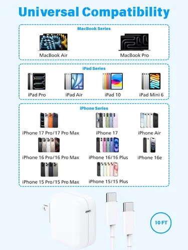 Vista 7 de Cargador de aire para MacBook de carga rápida, Apple 30 W, adaptador de corriente USB C extralargo cable USBC de 10 pies compatible con MacBook Pro