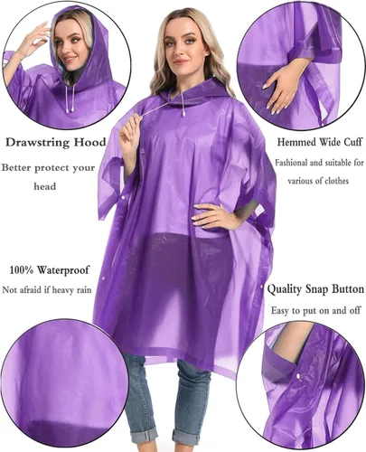 Vista 16 de Ponchos de lluvia reutilizables con capucha con cordón para adultos, abrigo de lluvia grueso impermeable, 2 paquetes