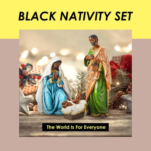 Vista 3 de Juego de Belén negro – Figuras de Navidad en miniatura de mesa de la Santa Familia – Juego de 3 figuras de polirresina pintadas a mano – María, José