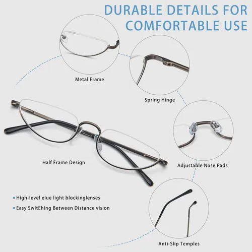Vista 5 de Lentes de lectura de media luna para hombres y mujeres, lentes de montura metálica con bisagra de resorte