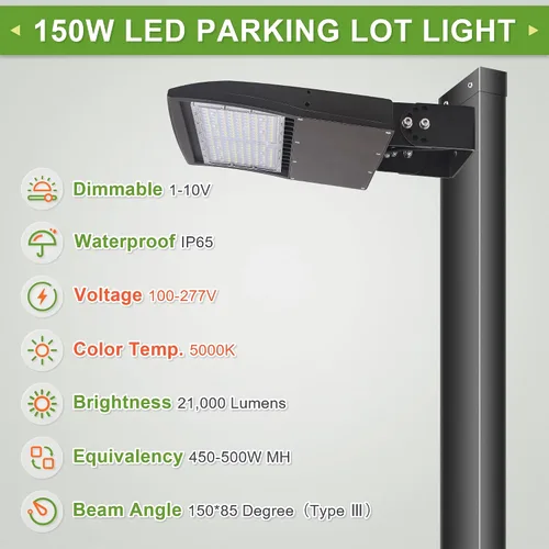 Vista 2 de Luces LED de poste de estacionamiento de 100 W, sensor de fotocélula del atardecer al amanecer, protección contra sobretensiones integrada, 1-10 V