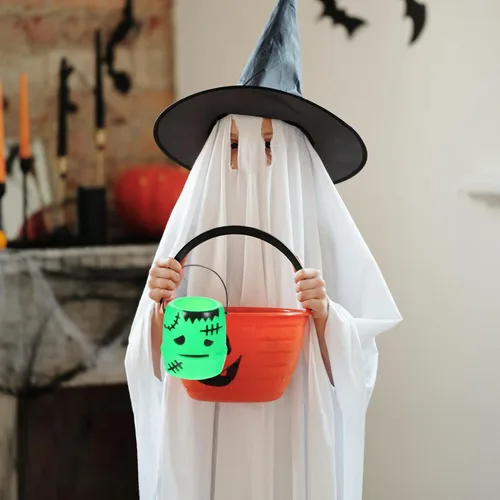 Vista 8 de Cubo de caramelos de calabaza mini cesta de dulces de Halloween con asa para golosinas de fiesta y niños truco o trato