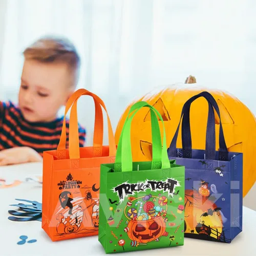 Vista 5 de Aviski 16 bolsas de Halloween para dulce o truco, pequeñas bolsas de regalo no tejidas con asas para envolver regalos, suministros de fiesta