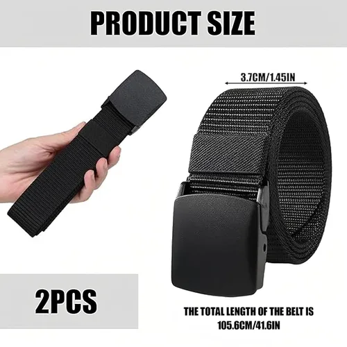 Vista 2 de Cinturón de tela duradera para hombres, paquete de 4 cinturones militares de lona negra con hebilla segura, cinturón de senderismo ajustable, tela