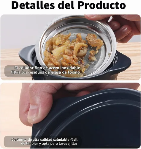 Vista 4 de ONTUBE Contenedor de grasa de tocino de cerámica con colador, azul marino