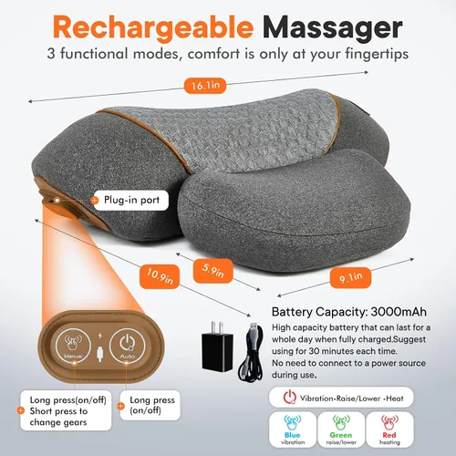 Vista 7 de 3-in-1 Rechargeable Neck Massager Pillow with Heating & Traction - Deep Tissue Pain Relief, Shoulder & Necks Hump Corrector for Women, Gift for