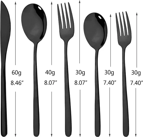 Vista 7 de Juego de cubiertos negros de 20 piezas, cubiertos de acero inoxidable 18/10 para 4, utensilios de cocina incluyen cuchillos, tenedores, cucharas