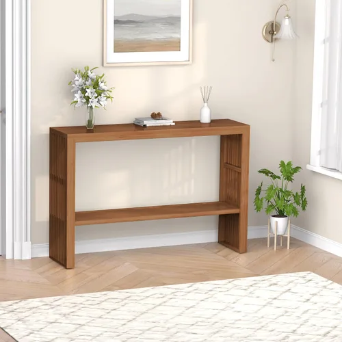 Vista 7 de Mesa de consola de madera de bambú 47.2" Mesa de entrada, mesa de sofá estrecha de granja de 2 niveles con estante de almacenamiento, mesa de sofá