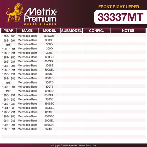 Vista 3 de Metrix Premium Chassis Parts - Brazo de control superior delantero derecho con junta esférica y conjunto de buje para 82-85 Mercedes-Benz 300CDT