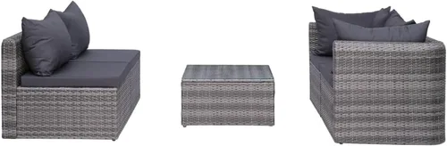 Vista 3 de Ensemble de Salon 5 Pièces en Simili-Rotin Gris PE Pour Jardin et Terrasse, Résistant aux Intempéries avec Coussin Amovible, Table Basse en Verre et