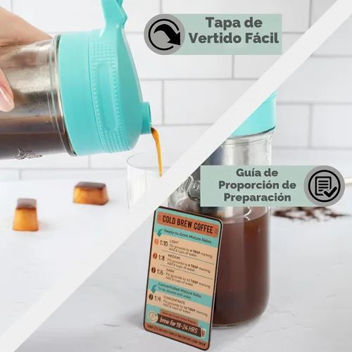 Vista 6 de Masontops Kit para preparar café frío – Cafetera helada de lujo con jarra de vidrio y filtro de malla de acero inoxidable – Sistema de nevera fácil