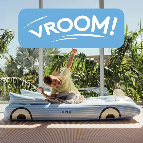 Vista 6 de FUNBOY Cama de viaje infantil azul inflable y colchón. Perfecta para fiestas de pijamas. Incluye bolsa de almacenamiento y transporte, individual