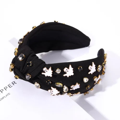 Vista 2 de Diadema de Halloween para mujer, diadema espeluznante de calabaza, araña, fantasma, diadema con diamantes de imitación, diadema anudada de cristal
