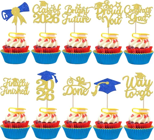 Vista 57 de 30 piezas de decoración para cupcakes de graduación para la clase de 2026 con purpurina brillante para el futuro diploma hecho 2026 Felicidades