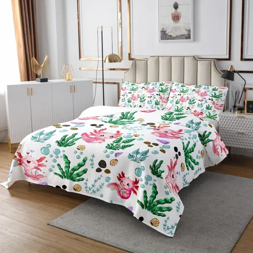 Vista 3 de jejeloiu Lindo juego de colcha de ajolote para niños, colcha de salamandra de dibujos animados para niñas, decoración de plantas acuáticas, colcha
