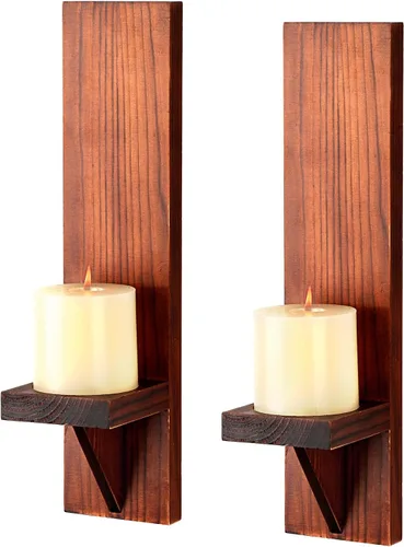 Vista 8 de OwnMy 2 apliques de vela de pared de madera, candelabros rústicos de Negro