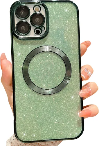 Vista 13 de Compatible con iPhone 13 Pro Max Funda magnética con purpurina, bonita funda transparente chapada de lujo, compatible con MagSafe para mujeres