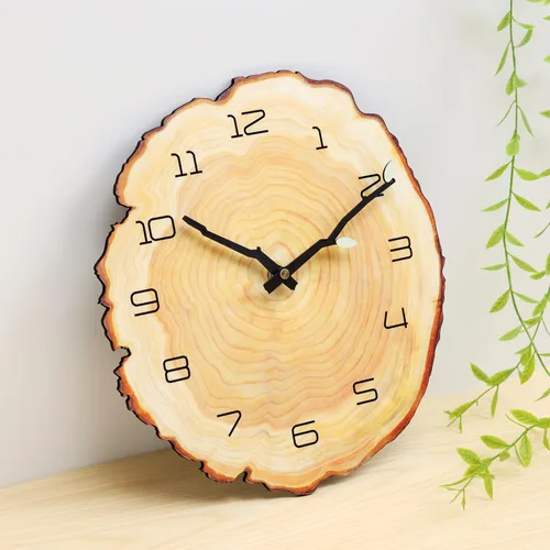 Vista 3 de Reloj de pared anual de 12 pulgadas, reloj de tocón de grano de madera con números arábigos, funciona con pilas, movimiento de cuarzo silencioso