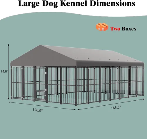 Vista 9 de Perrera grande para perros exterior de 10 x 14 pies, jaula resistente con puerta de alimentación, corrida de perro al aire libre con techo