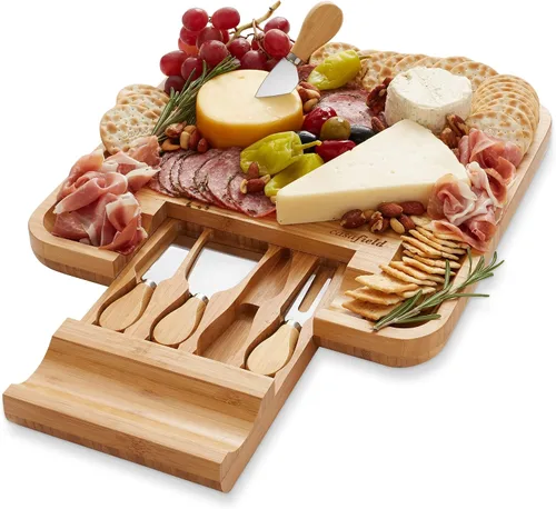 Vista 8 de Casafield Juego de regalo de tabla de queso de bambú, plato de charcutería con cuchillos de acero inoxidable para entretenimiento, cumpleaños, bodas