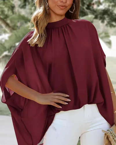 Vista 112 de BTFBM Blusas de verano para mujer, cuello alto falso, manga murciélago, holgadas, dobladillo alto y bajo, blusas informales de gran