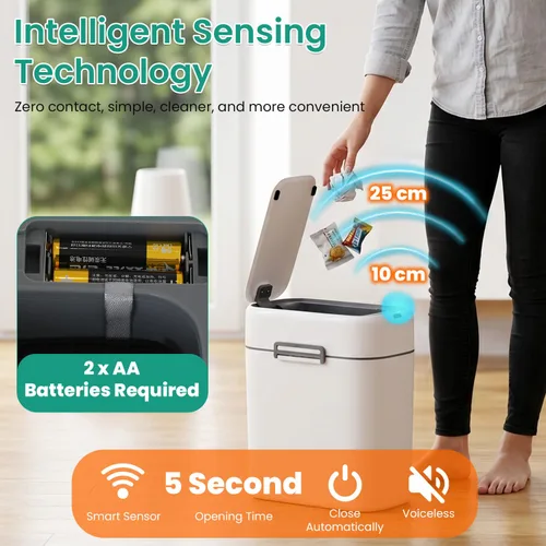 Vista 3 de FDW Cubo de Basura para Baño de 2.2 Galones con Tapa, Contenedor de Residuos de Plástico con Sensor Automático Delgado y Pequeño para Sala de Estar