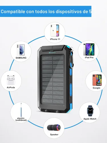Vista 6 de Cargador solar, 38800 mAh, banco de energía solar, batería externa impermeable de respaldo con entrada/salida USB C/linternas LED compatible