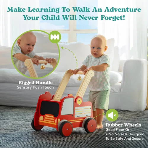 Vista 3 de Andador de madera para bebés con ruedas – Caminador de bebé para niños Camión de bomberos – Andador para bebé niño con asas aparejadas – Altura