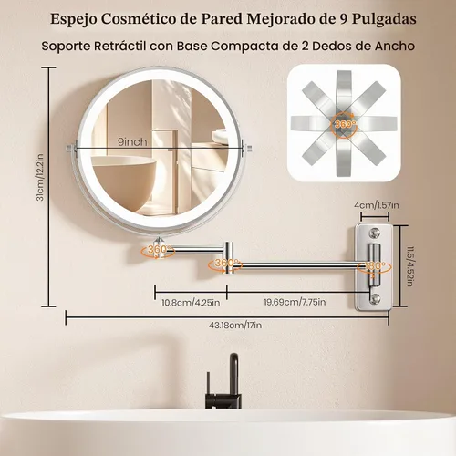Vista 6 de Espejo de maquillaje iluminado grande de 9 pulgadas, espejo de aumento recargable de 5000 mAh con 3 luces de color regulables al tacto, brazo Pearl