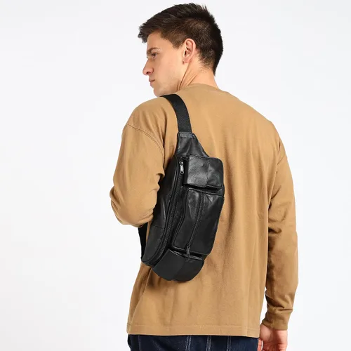 Vista 7 de Cangurera de Leatherboss Jumbo con bolsillos laterales Valcro, Negro
