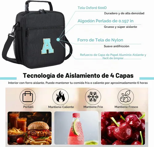 Vista 2 de ELEFOCUS Lonchera aislada con inicial para mujeres y hombres, bolsa de almuerzo personalizada con monograma con correa de hombro ajustable