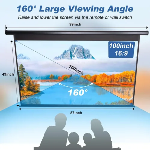 Vista 7 de Pantalla de proyector motorizada desplegable de 100 pulgadas 16:9 HD, pantalla de proyector automática con control remoto, pantalla de proyección