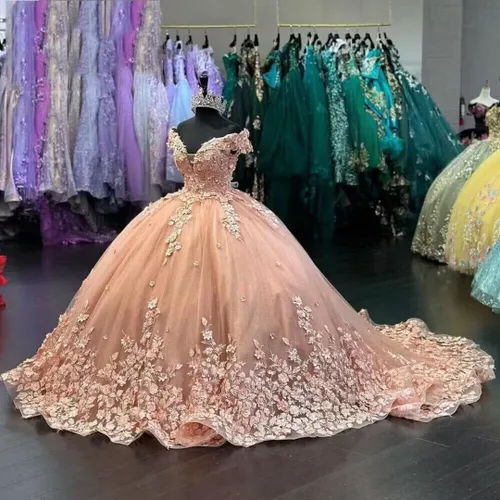 Vista 5 de Mouccy Lujo fuera del hombro vestidos de quinceañera vestido de bola hinchado largo vestidos de baile con tren tul dulce 15 16 vestidos XXF035