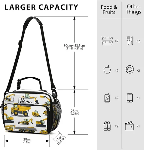 Vista 2 de Bolsa de almuerzo personalizada con diseño de camiones de dibujos animados para niños y niños, bolsas de almuerzo personalizadas con tu nombre