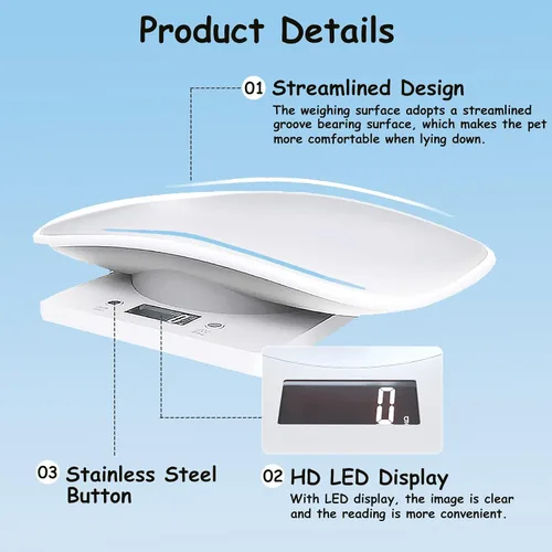 Vista 5 de Báscula digital para mascotas, báscula de pesaje electrónica LCD portátil con bandeja (máximo 33 libras), báscula de peso para animales pequeños