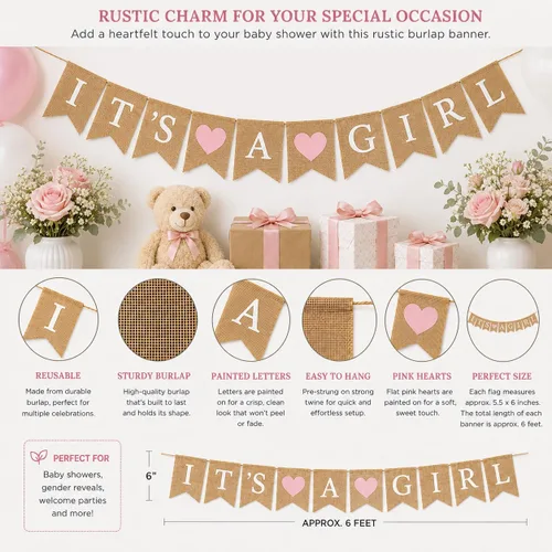 Vista 3 de Cartel de arpillera con texto en inglés "It's a Girl" para decoración de baby shower y fiesta de revelación de género (corazones rosa claro)